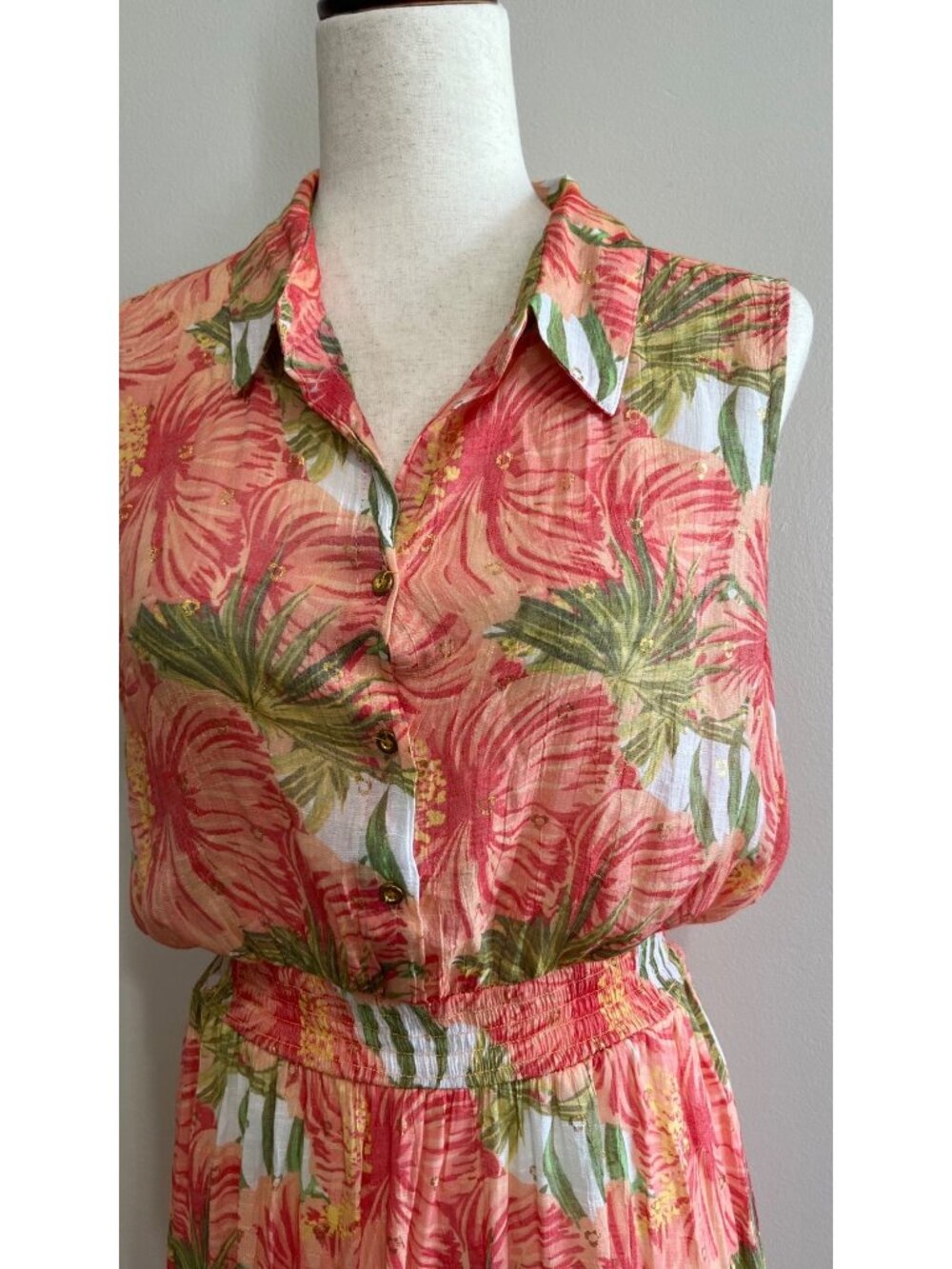 Alex & Parker Sleeveless Midi Dress Womens XL Coral Tropical Print Tiered - Picture 3 of 6